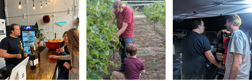 Multiple pictures of the Freytag Cellars team making and pouring wine